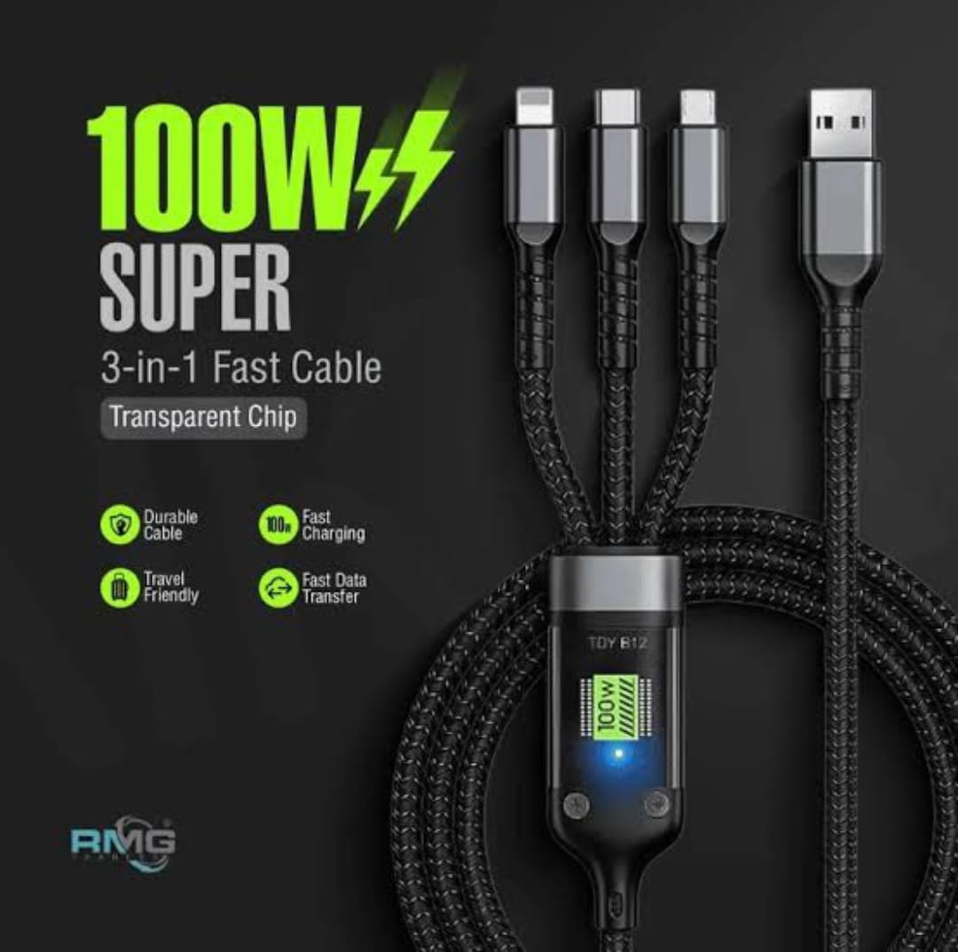 100W 3-in-1 Fast Charging Cable | LED Display | USB-C + Lightning + Micro USB | Tinned Copper