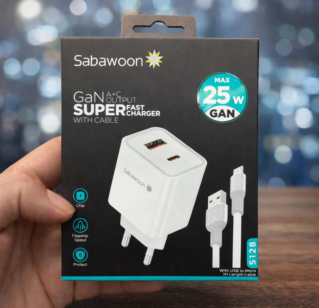 Sabawoon 25W GaN A+C Super Fast Charger Perfect for smartphones earbuds & tablet with Cable
