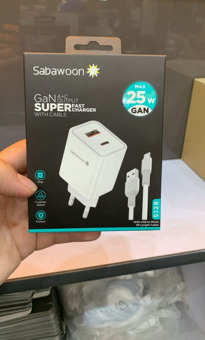 Sabawoon 25W GaN A+C Super Fast Charger Perfect for smartphones earbuds & tablet with Cable