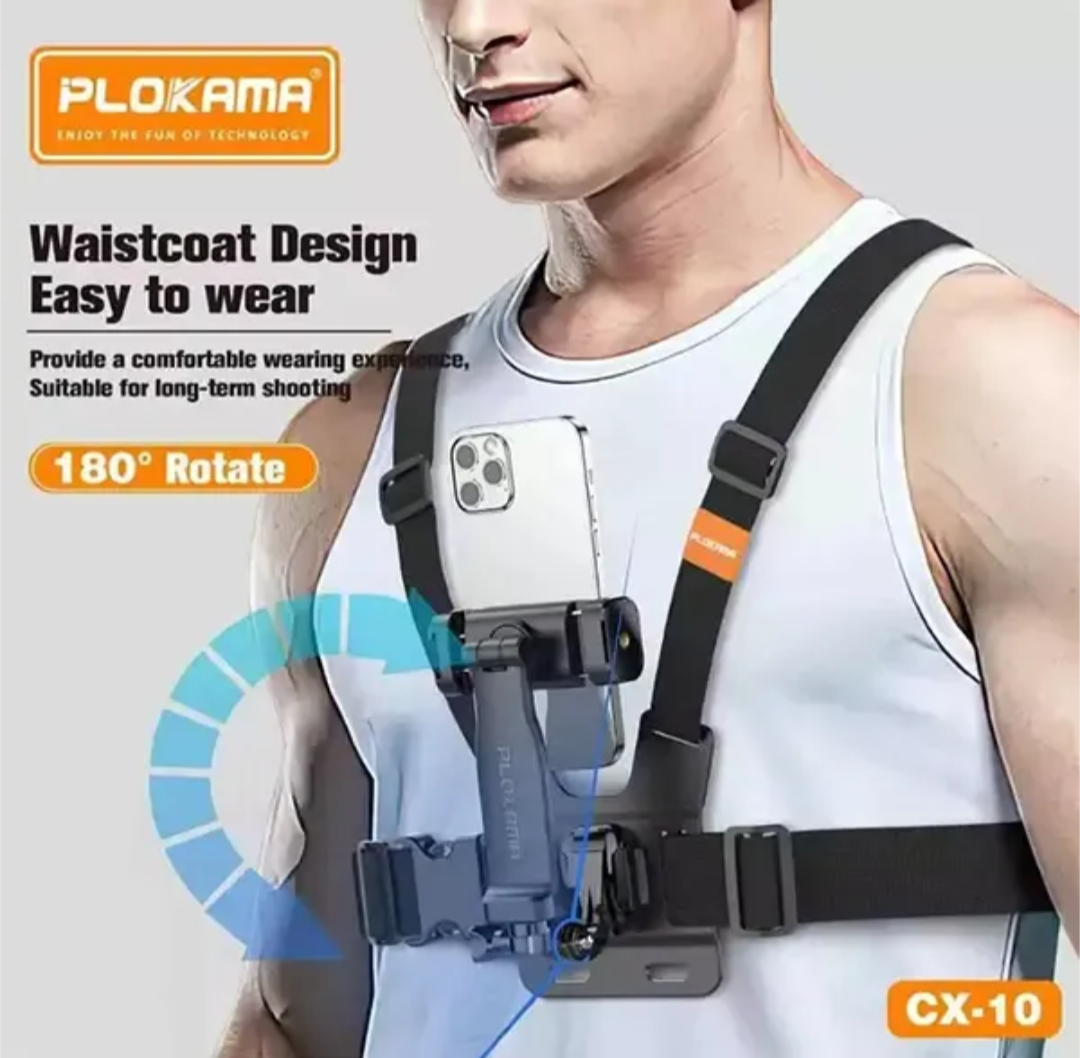 PLOKAMA CX10 Action Camera And Phone Chest Mount Holder 360 Adjustable Harness Strap For Sports Hiking Vlogging