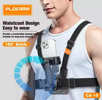 PLOKAMA CX10 Action Camera And Phone Chest Mount Holder 360 Adjustable Harness Strap For Sports Hiking Vlogging