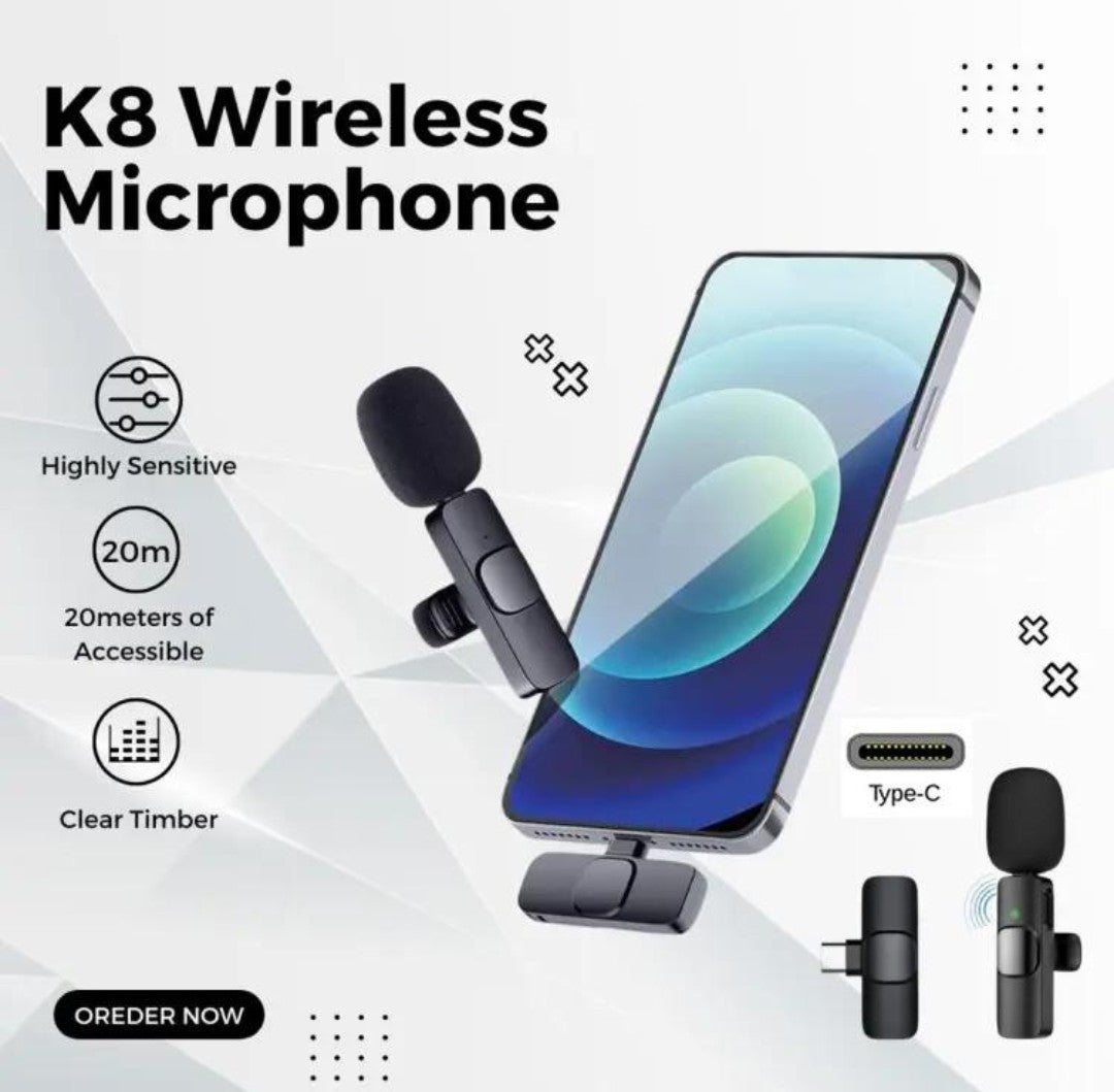 Wireless K8 Mic Type-C | IOS / Android Wireless Single Microphone | Noise Cancellation K8 Mic | For Mobile Phones Camera / Interview / Vlogging Product 20 Meter Long Range Wireless Mic | 100% Best Quality