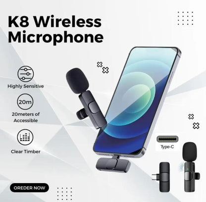 Wireless K8 Mic Type-C | IOS / Android Wireless Single Microphone | Noise Cancellation K8 Mic | For Mobile Phones Camera / Interview / Vlogging Product 20 Meter Long Range Wireless Mic | 100% Best Quality