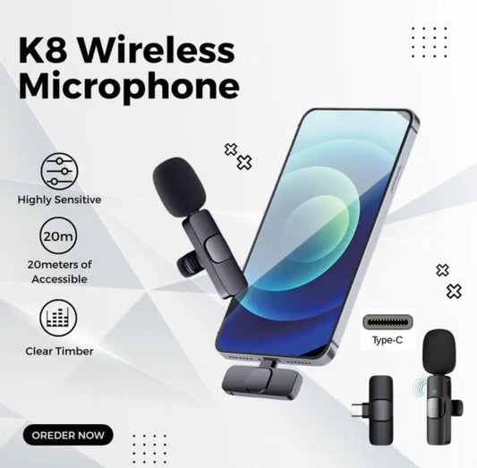 Wireless K8 Mic Type-C | IOS / Android Wireless Single Microphone | Noise Cancellation K8 Mic | For Mobile Phones Camera / Interview / Vlogging Product 20 Meter Long Range Wireless Mic | 100% Best Quality