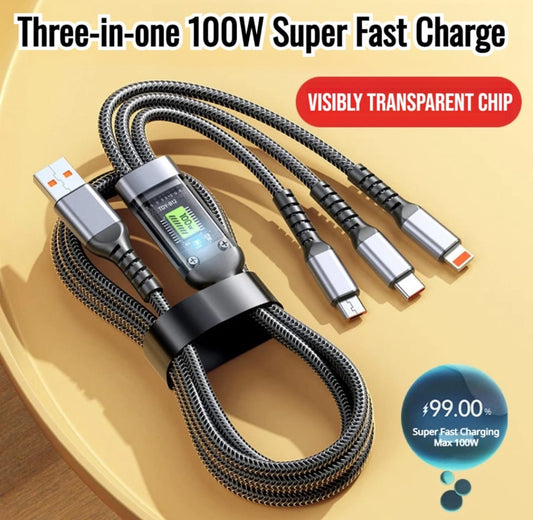 100W 3-in-1 Fast Charging Cable | LED Display | USB-C + Lightning + Micro USB | Tinned Copper