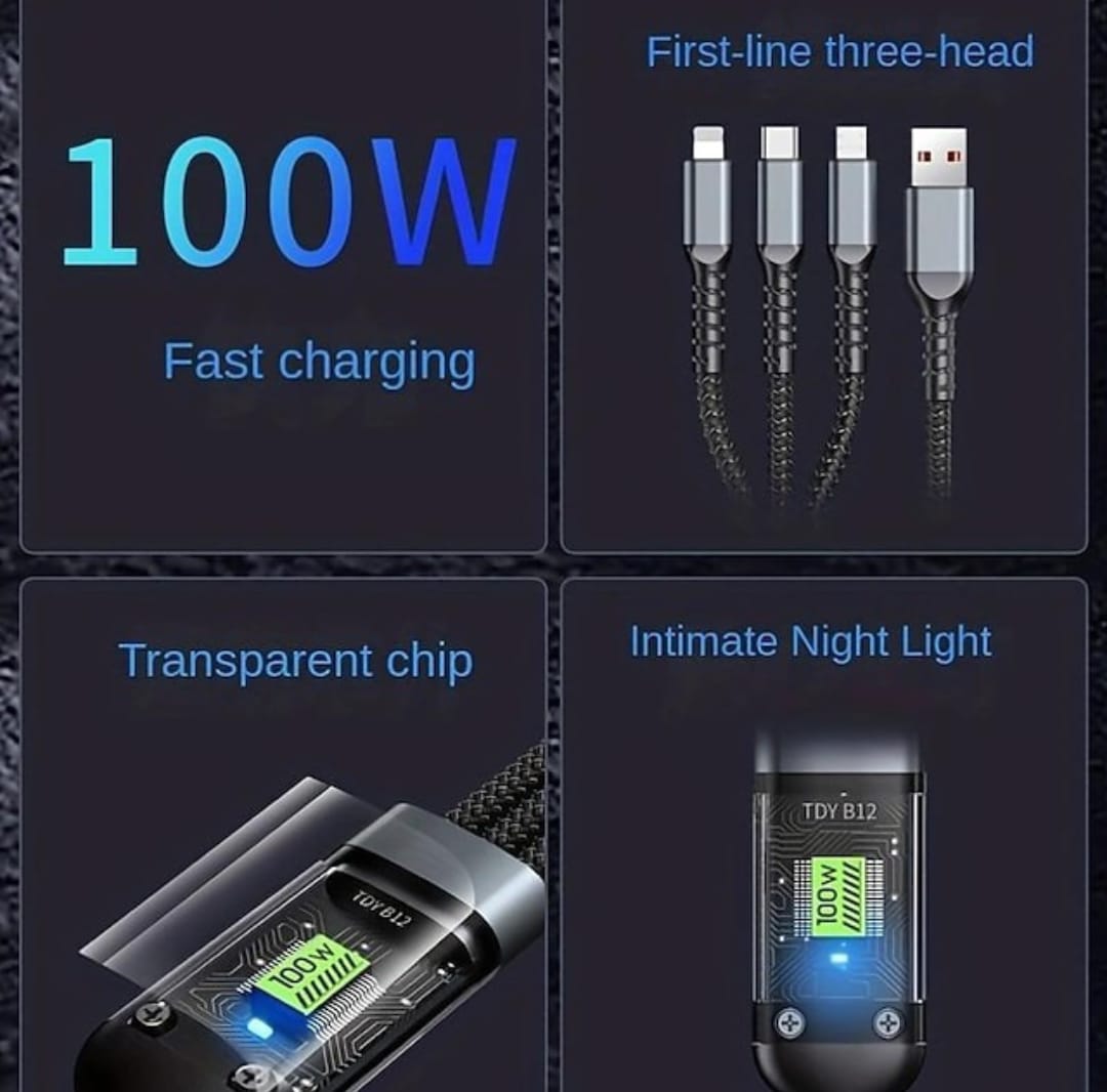 100W 3-in-1 Fast Charging Cable | LED Display | USB-C + Lightning + Micro USB | Tinned Copper